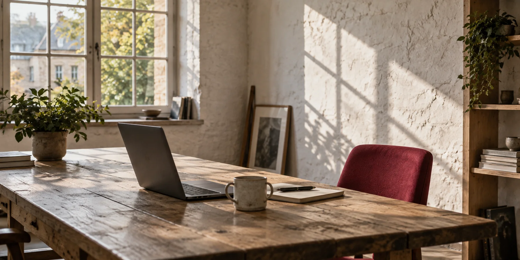 Langer Holztisch mit Laptop, Notizbuch und Kaffeetasse an einem großen Sprossenfenster