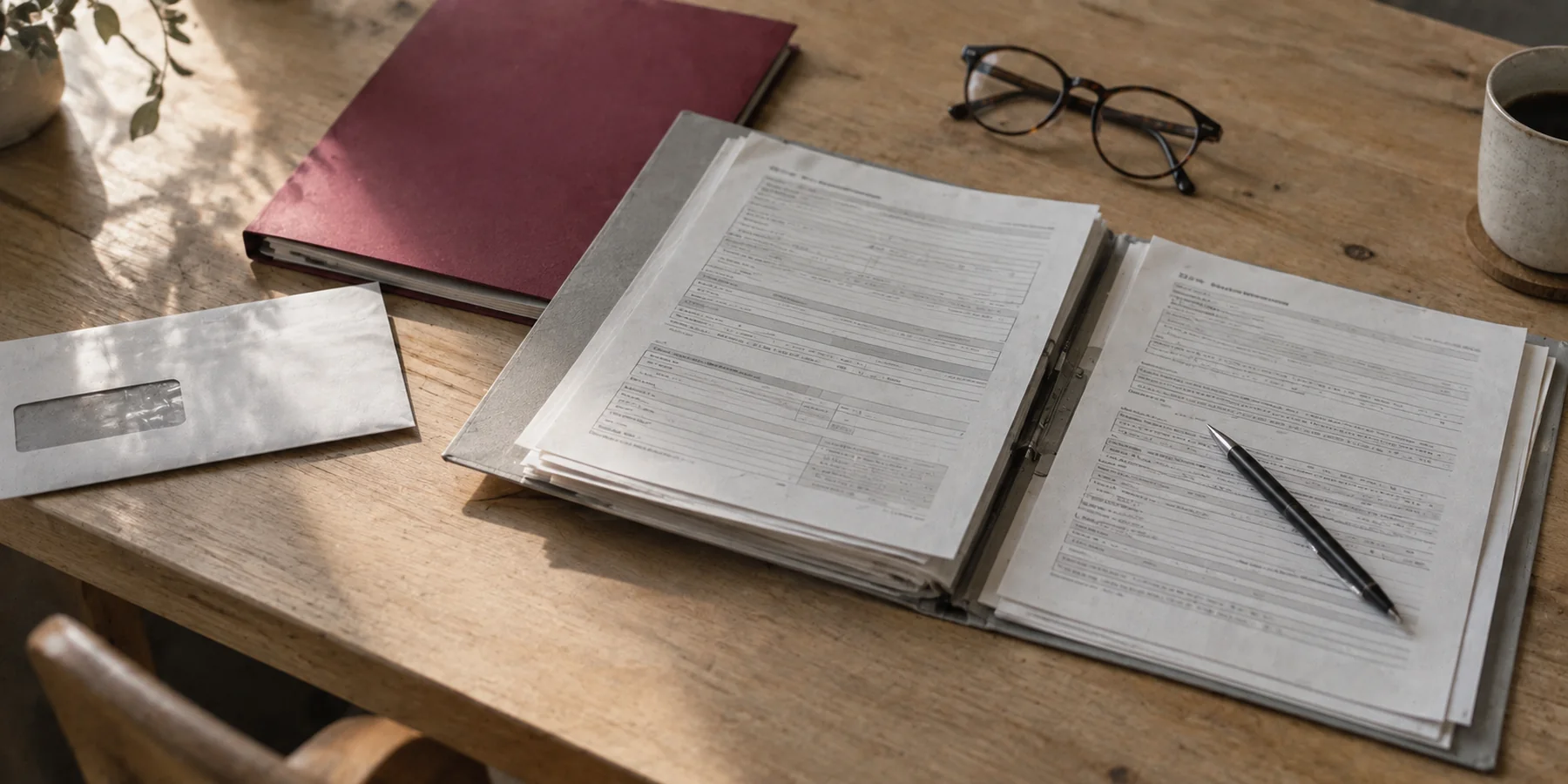Aufgeschlagene Mappe mit Formularen, daneben ein Briefumschlag und eine Lesebrille