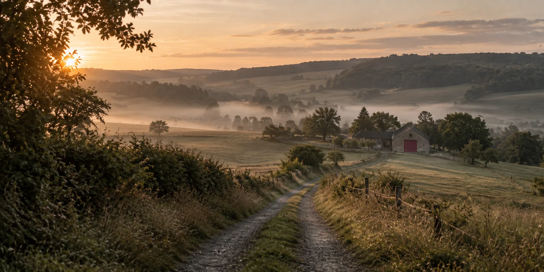 Feldweg durch eine hügelige Eifellandschaft im Morgennebel, im Hintergrund ein Gehöft